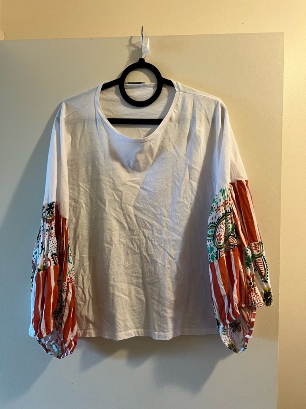 Zara White Long Sleeve Top with Patterned Orange & Green Balloon Sleeves